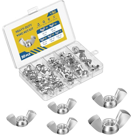 Uniclife 50 Pcs Wing Nuts, 5 Sizes, 5/32-32, 3/16-24, 1/4-20, 5/16-18, 3/8-16, Carbon Steel Zinc Plated Butterfly Nuts Assortment Kit, Hand Twist Tighten Hardware Nuts Wingnuts Fasteners Parts