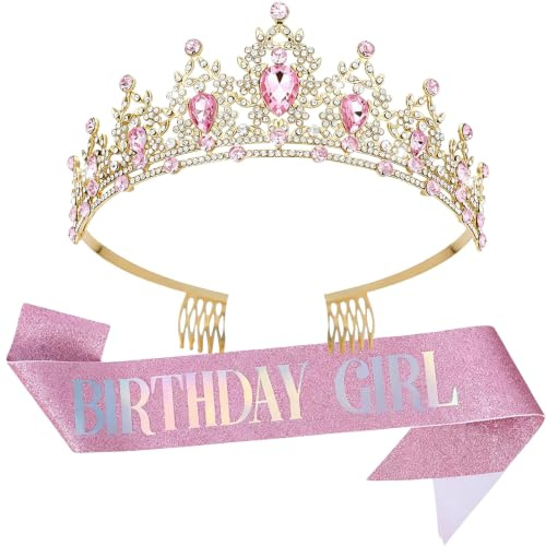 teokyat Rosa Geburtstagskrone Mädchen Set mit Schärpe, Geburtstag Krone & Birthday Girl Sash, Elegante Geburtstagsdeko, Party Accessoires & Geburtstagsgeschenk für Frauen, Damen Erwachsene