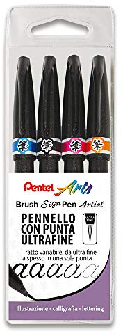 Pentel SESF30C Pinselstifte, Künstlerpinselspitze, extra feine Tasche, 4 Stück (Schwarz, Orange, Rosa, Blau)