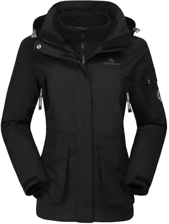 CAMEL CROWN Giacca da sci impermeabile 3 in 1 da donna, giacca a vento invernale in pile interno per pioggia, neve, escursioni all'aperto, nero, X-Large