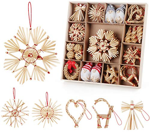 Anstore Strohsterne Set, 41-teiliges Weihnachtsbaumschmuck Stroh mit Holzbox, Strohsterne Baumschmuck Weihnachtsdekoration, 6/11cm Strohsterne Christbaumschmuck Sterne, Glocken, Liebe, Kreis, Figuren