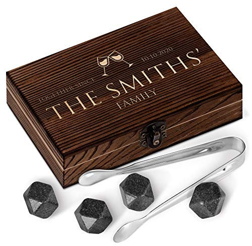 Maverton Whisky Stones Gift Set - 6 Granite Whiskey Rocks - high Cooling Technology - Stainless Steel Pliers - an Elegant Wooden Box with Engraving - Wedding Gift - Wine Glasses