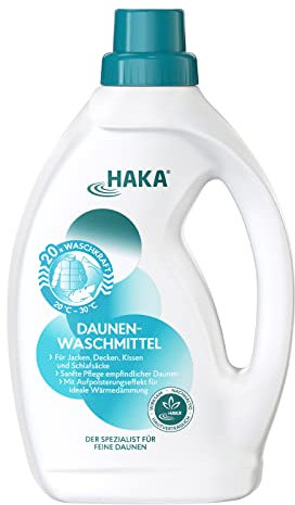 HAKA Daunenwaschmittel 1 Liter Flasche I Zur Reinigung von Daunenprodukten I für 20 Waschgänge | Verbessert die Wärmedämmeigenschaft I Mit Aufpolsterungseffekt
