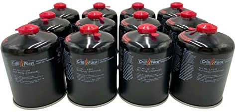Grillfürst 12 x 450g Butan Gaskartusche/Schraubkartusche mit EN 417 Schraubgewinde, 7/16 Zoll Durchmesser und Ventil für Grill, Gaskocher, Campingkocher, Gasheizung