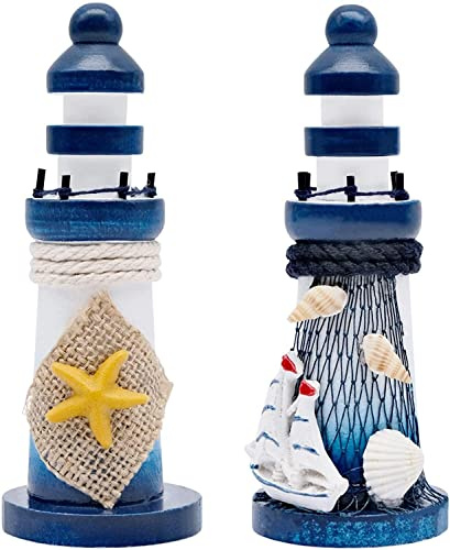 inheming 2 Stück Leuchtturm aus Holz, Nautische Maritime Deko,Dekoartikel,Holz(Blau und Weiß)