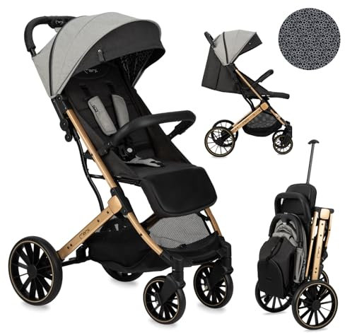 MoMi ESTELLE DAKAR Kinderwagen ab 6. Monat (bis 22 kg), klappbarer Buggy mit 5-Punkt-Sicherheitsgurt, Einkaufskorb Liegefunktion, Teleskop-Stange zu Ziehen, steht nach Zusammenklappen Leopard, Grau