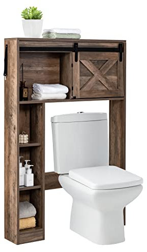 COSTWAY Toilettenschrank mit Schiebetür, Toilettenregal Holz, Badezimmerregal Badezimmerorganisator freistehend, Überbauschrank Waschmaschinenregal braun (braun)