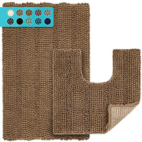 JARITTO Badezimmerteppich Set 2 Teilig rutschfest für Badewanne, Dusche und Badezimmer & Wc Vorleger mit Ausschnitt U-Förmige Waschbar Mikrofaser Saugfähig - 51 x 81 cm + 51 x 51 cm (Braun)