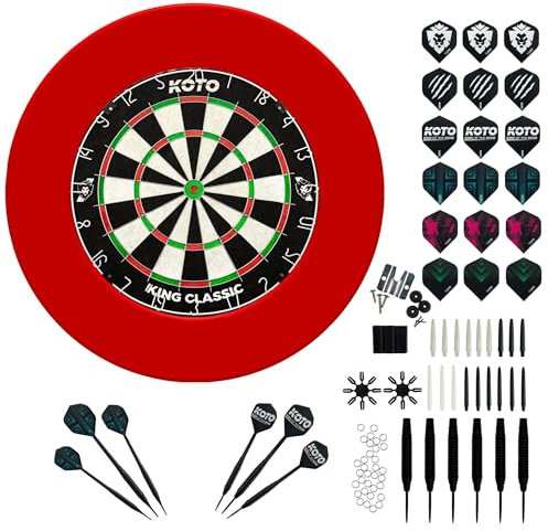 KOTO - King Classic Edition Dartscheibe Rot Incl. Surround & Accessory Kit Steeltip 90 Stücks, 2 Sets Dartpfeile 23 G, 6x3 Flights, 6x3 Shafts