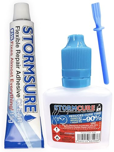 Stormsure Schnellhärtender Flexibler Reparaturkleber (15g) Transparent + 30ml-Stormcure Beschleuniger - 10x Schnellere Aushärtung Ohne Kraftverlust