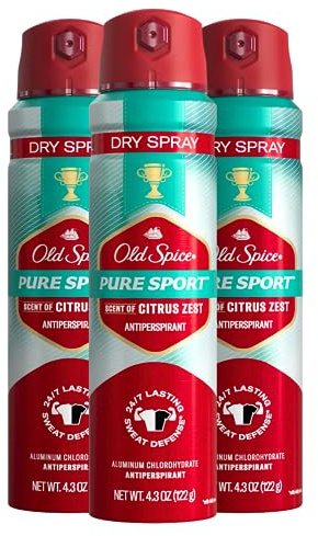 Old Spice Men's Antiperspirant & Deodorant Invisible Dry Spray Pure Sport Plus 24/7 Odor Protection, 4.3oz (Pack of 3)