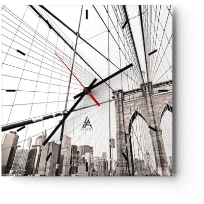 ARTTOR Moderne Glasuhr 30x30cm Quadrat Wanduhr Architektur Städte - 5199 | New York Brücke Glas Analog Wanduhr Lautlos Wanddekoration Wohnzimmer Büro Küche Wanddeko Küchenuhr Geräuschlos ARTTOR