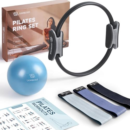 LIONSCOOL Pilates Ring Set - Premium14”Magic Circle with Dual Padded Handles - Includes Pilates Mini Ball & Highly Elastic Resistance Bands & Workout Guide & Bag (Pilates Ring Set - Deep Dive)