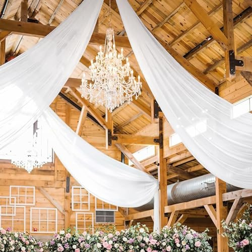 REWOMC 4 Panels White Ceiling Drapes for Wedding 5ftx40ft Chiffon Fabric Arch Draping Curtains Sheer Drapery for Party Ceremony Birthday Baby Shower Reception Stage Ceiling Decorations