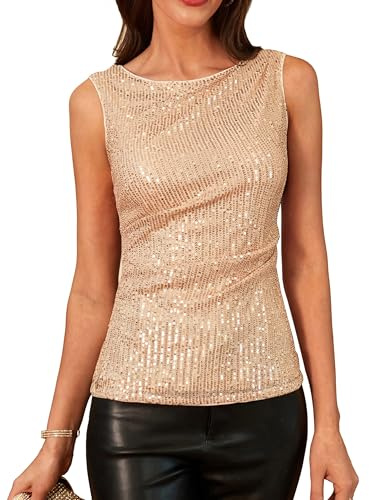 GRACE KARIN Damen Rundhals Pailletten Top Ärmellos Slim Fit Westenoberteile Party Festival Outfit Champagnergold L