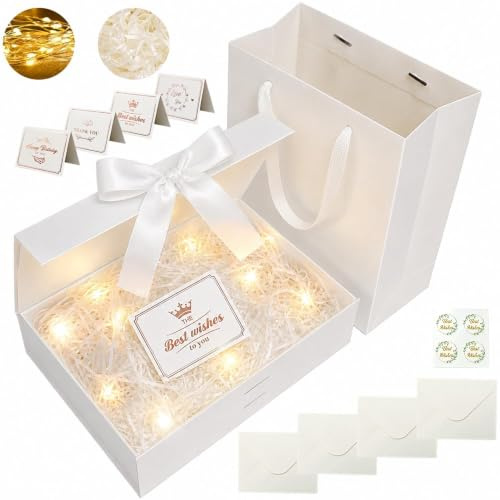 HIQE-FL Geschenkverpackung Box,26x19x8.5cm Geschenkverpackung Box mit Band | Geschenkbox mit Schleife,Geschenkkarton Für Geschenke,Magnetische Geschenkschachtel mit Deckel (Weiß)
