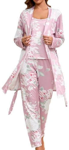 Bunanphy Ensemble de pyjama pour femme à imprimé floral doux en 3 pièces - Vêtement de maison à manches longues - Robe de chambre - Vêtement de nuit, A - Rose, XL