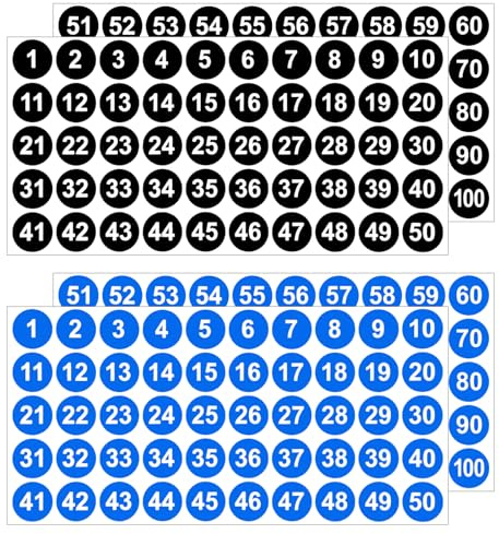Ehuihuan Numeri Adesivi 20 Fogli, Etichette Adesive Numerate 1-100, Numeri Adesivi Piccoli 25mm Impermeabili per Organizzazione e Inventario, Nero + Blu
