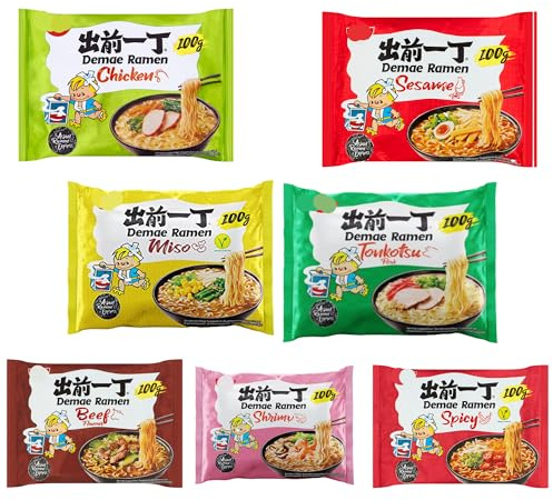 YIJIA | Pack 7 x 100g Demae Instant Noodles Ramen PAQUETES MEZCLADOS - Sabor Tonkotsu, Pollo, Ternera, Mariscos, Sésamo, Picante, Miso