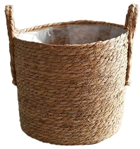 BEAHING Panier végétal tissé, paniers de jardinières intérieurs de 30 cm Récipient de Rangement tissé avec doublures en Plastique Paille de Paille pour la Maison, m