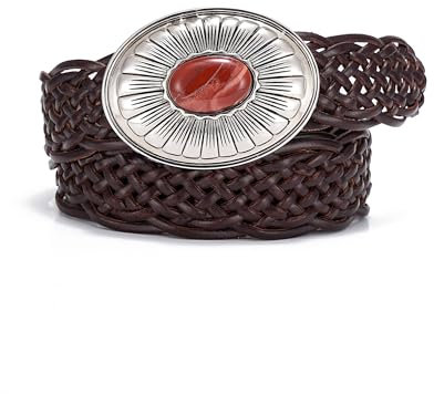 Yiqifefa Geflochtener Ledergürtel für Damen mit roter Jaspis-Stein-Schnalle, Braun, XL