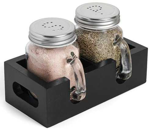 Salero y pimentero Mason Jar – Juego de coctelera de vidrio con soporte de madera, fácil de limpiar y rellenar para mesa de cocina de granja, hogar y regalos (negro)