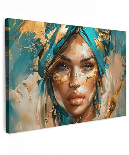 MuchoWow© Impression sur Toile Decoration Murale Peinture 120x80 cm Tableaux Art Décoratif Muraux Décoration Chambre Femme - Portrait - Or - Luxe - Bleu