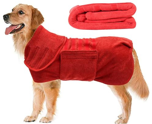Hixingo Hundebademantel für Kleine Große Mittelgroße Hunde, Extra Saugfähig Hunde Bademantel Mikrofaser mit Klettverschluss Und Verstellbarem Gummizug (3XL,Rot)