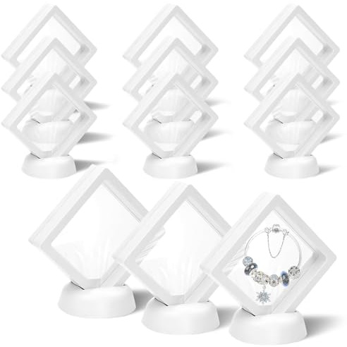 Thatyro 12 Pieces 2.7 x 2.7 3D Floating Frame Display Case, Clear PE Film Jewelry Box with 12 Round Bases, Reusable Coin Display Stand for Collectibles Seashell Rock Collection (White)