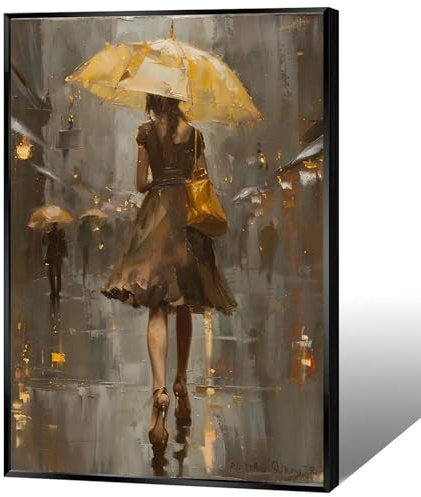ZHIXQMG A Girl Under Umbrella Wall Art Retro Posters Woman Walking With Umbrella Abstract Canvas Wall Art Colorful Oil Paint Art Prints Painting For Modern Art Wallart Home Decor 24x36in Framed