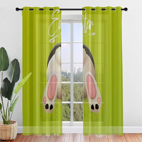 FANSU 2er Set Scheibengardinen Ostern Druck Halbtransparent Bistrogardine, Schlaufengardinen Gardinen Küche Türgardine für Kinderzimmer, Wohnzimmer (Grün 2,140x160cm)