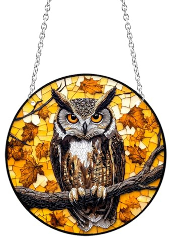 Xuoxeji Owl Stained Acrylic Window Ornament, 20cm/7.87in Owl Suncatchers Owl Ornaments, Owl Gifts for Owl Lovers for Women (Owl 20cm/7.8in)
