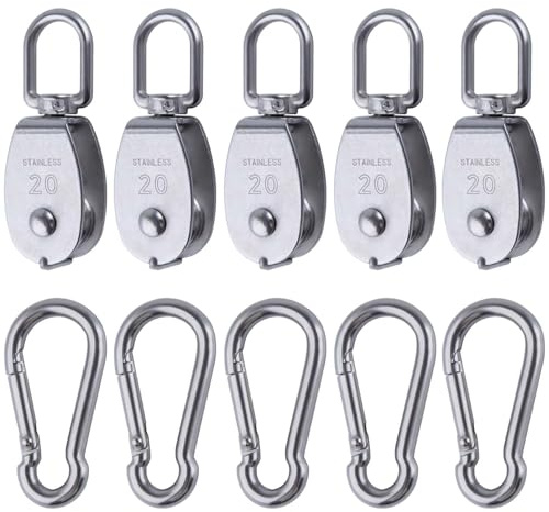 LEONTOOL 5 Pcs M20 Single Pulley Block with 5 Pcs Spring Snap Hook, 304 Stainless Steel Lifting Crane Swivel Pulley Wire Rope Hanging Wire Towing Wheel for Gym Equipment, Hanging, Lifting