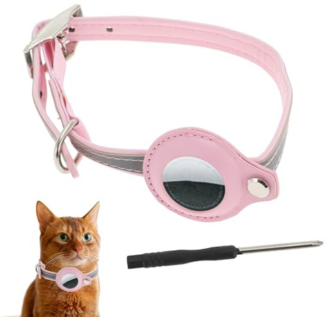 CAPASTEC Katthalsband, reflekterande kattungehalsband, PU-halsband med airtag-hållare, justerbart halsband med legeringslås för katter, valpar, medelstorlek, rosa