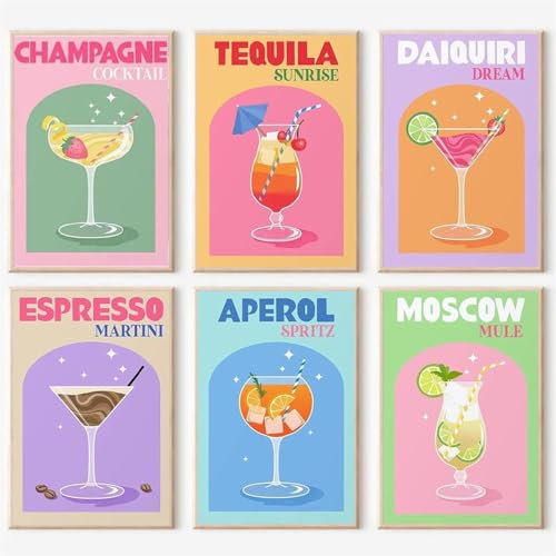 CharmBurst 6 pièces Affiches rétro colorées pour Cocktails, Art Mural sur Toile, Impression Amusante de Verre de vin alcoolisé, décoration Murale esthétique pour pièces, 20x25 cm Non encadrée