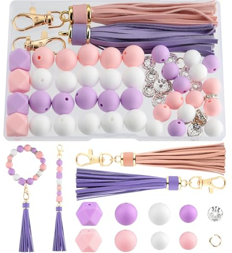NEBURORA Kit de fabrication de bracelets, perles violettes, roses et blanches avec pompons en cuir pour bracelets, loisirs créatifs, stylos à perles, décorations et fabrication de bijoux