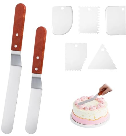 Jeqqinuz Pack of 7 Cake Spatulas, Cake Knives, Spatulas, Stainless Steel Cake Accessories, Angled Palette, Cake Scraper, Baking Utensils, Includes 2 Cake Spreaders and 5 Cream Scrapers (Log Handle)