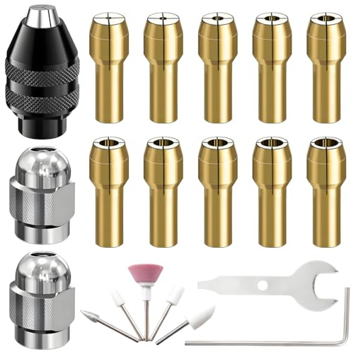 ZHUROUPU Set mandrino portapunte 4486, Accessorio mandrino per utensile Rotante 17 Pezzi per Dremel, Sostituzione Gambo 0,8-3,2 mm, Dado Metallico in Ottone 4485
