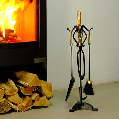 Ensemble de cheminée avec poignée en métal avec support, brosse, pince, tisonnier et pelle pour un entretien et une sécurité efficaces du feu