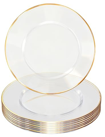 HOME BREEZE 13 Inch Charger Plates, 8 Pack, Clear Charger Plates with Gold Rim, Heavy Duty Disposable Plastic Chargers for Dinner, Elegant Dining, Wedding, Party, Formal Event Decoration (8, Gold)