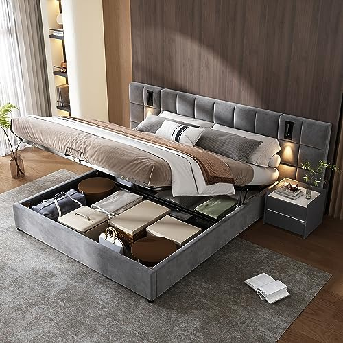 LANTRO JS Bett 160x200cm, Bettkasten mit Stauraum mit richtungsabhängige Lampe und USB-Aufladung, Polsterbett Lattenrost ist im enthalten, Ohne Nachttisch, Ohne Matratze, Samt, Grau