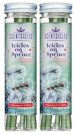 Scentsicles Icicles on Spruce Scented Christmas Ornament Sticks with 6 Hooks - 2 Bottles (12 Sticks Total)