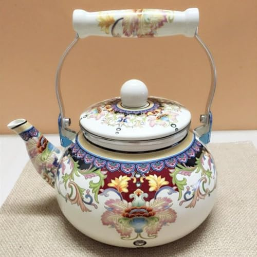 Bollitore da tè smaltato vintage, teiera smaltata floreale, teiera in porcellana smaltata con fischio, teiera turca per acqua calda con manico freddo, per piano cottura da cucina
