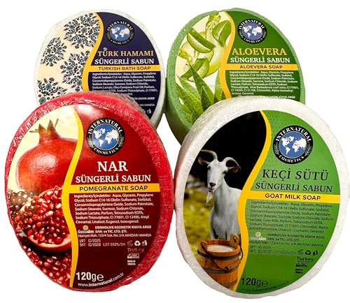 Lot de 4 éponges exfoliantes faites à la main – Une expérience de nettoyage naturelle et rafraîchissante à l'aloe vera, bain turc, lait de chèvre, grenade