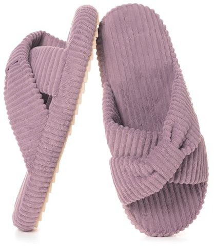 Zapatillas Mujer Cómoda Anchos Espuma de Memoria Pantuflas Casa Pana Banda Cruzada Antideslizante Punta Abierta Slippers,Morado,37/38 EU