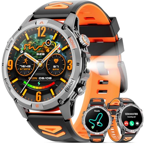 Joautrial Smartwatch Herren Militär, 1,46 HD Men's GPS Smart Watch, LED Taschenlampe, Kompass, 100+ Sportmodi Fitnessuhr, IP68 Wasserdicht Sportuhr, Fitness Tracker Watch für iOS Android