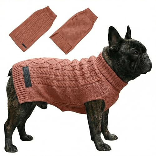 Bobby & Poppy Strick Hundepullover, Warmer Winterpullover für kleine, mittlere & große Hunde, ultrasofter Hundepulli Zopfmuster Dackel Französische Bulldogge - Altrosa XS Cable Dog_Tostado_XS