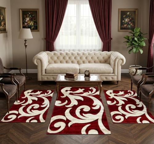 TexLom Tris Tappeti Scendiletto Camera da Letto, Parure 3 Pezzi in Velluto Frisè Antiscivolo, Design Floreale, Morbidi e Lavabili, Set Tappeti Decorativi per Camera (Bordeaux)