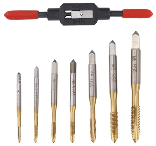 8pcs Metric Tap Set with Anti-Slip Tap Wrench | M2-M6 Titanium Coated HSS Thread Spiral Point Taps Thread Tapping Tool Kit for Metal Plastic Wood DIY & Repair