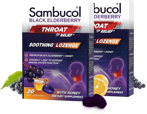 Sambucol Black Elderberry Throat Lozenge - Sore Throat Drops with Honey, Vitamin C & Zinc, Sore Throat Relief for Adults & Kids, Soothes Cough, Soft & Chewy - 40 Count, Pack of 2